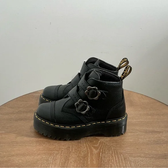 New Dr. Martens Women's Devon Flower Buckle Leather Platform Boots - Picture 7 of 8